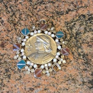 Vintage Religious Icon Medallion Pendant on Rope Chain, Filigree, Pearls